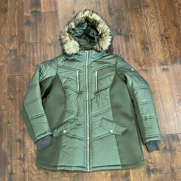 Michael Kors Michael Faux-Fur-Trim Hooded Mixed-Media Puffer Coat in Green XXL - Picture 1 of 15